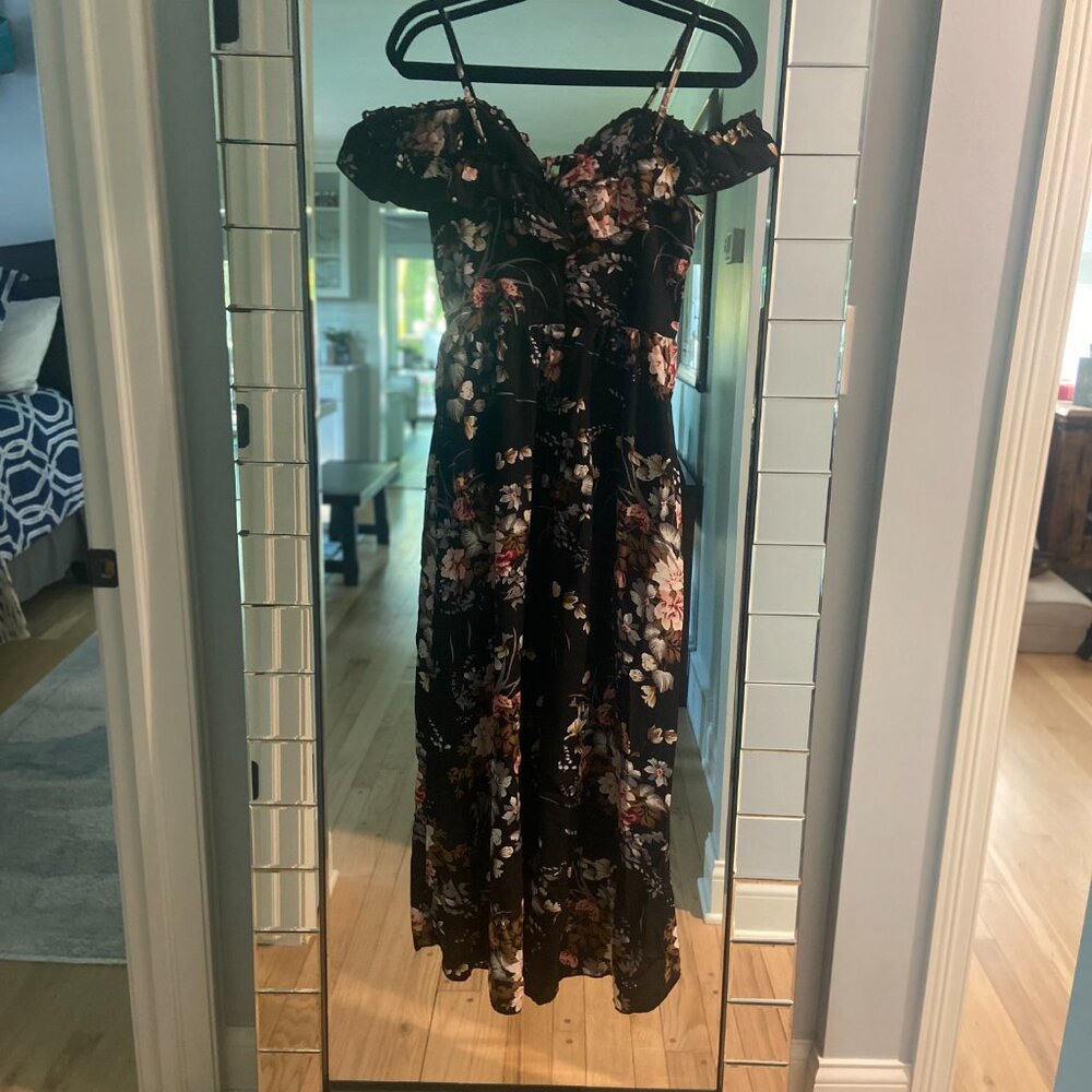 SHEIN Strappy Off the Shoulder Long Black and Pink Floral Dress - Sz M